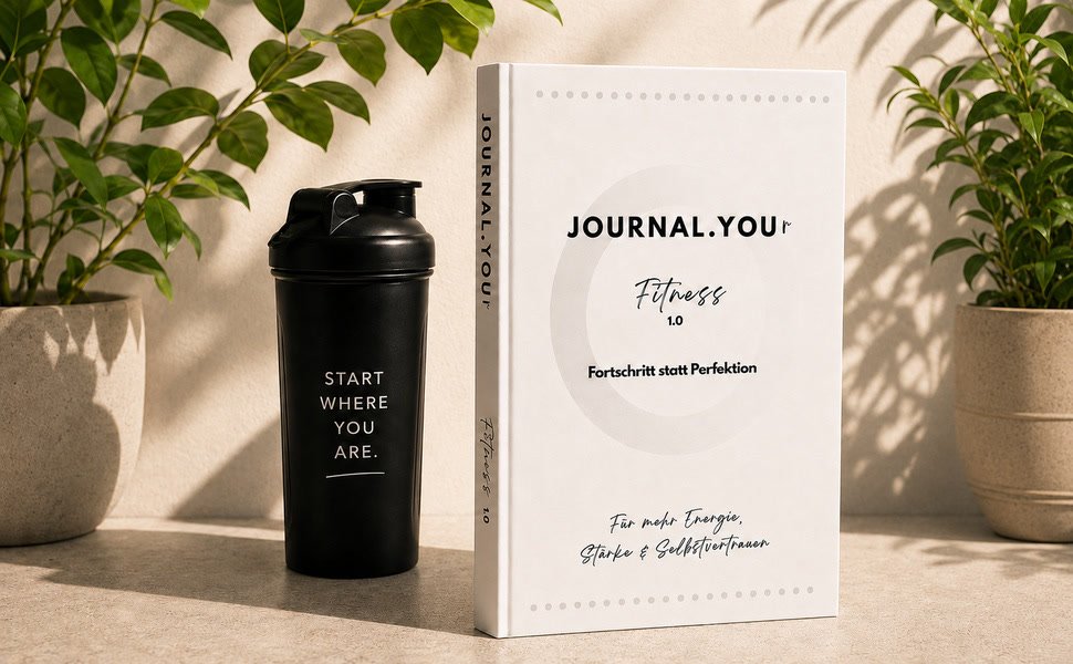 Journal.You Fitness 1.0 neben einem Shaker auf einer sonnigen Steinfläche zwischen Pflanzen