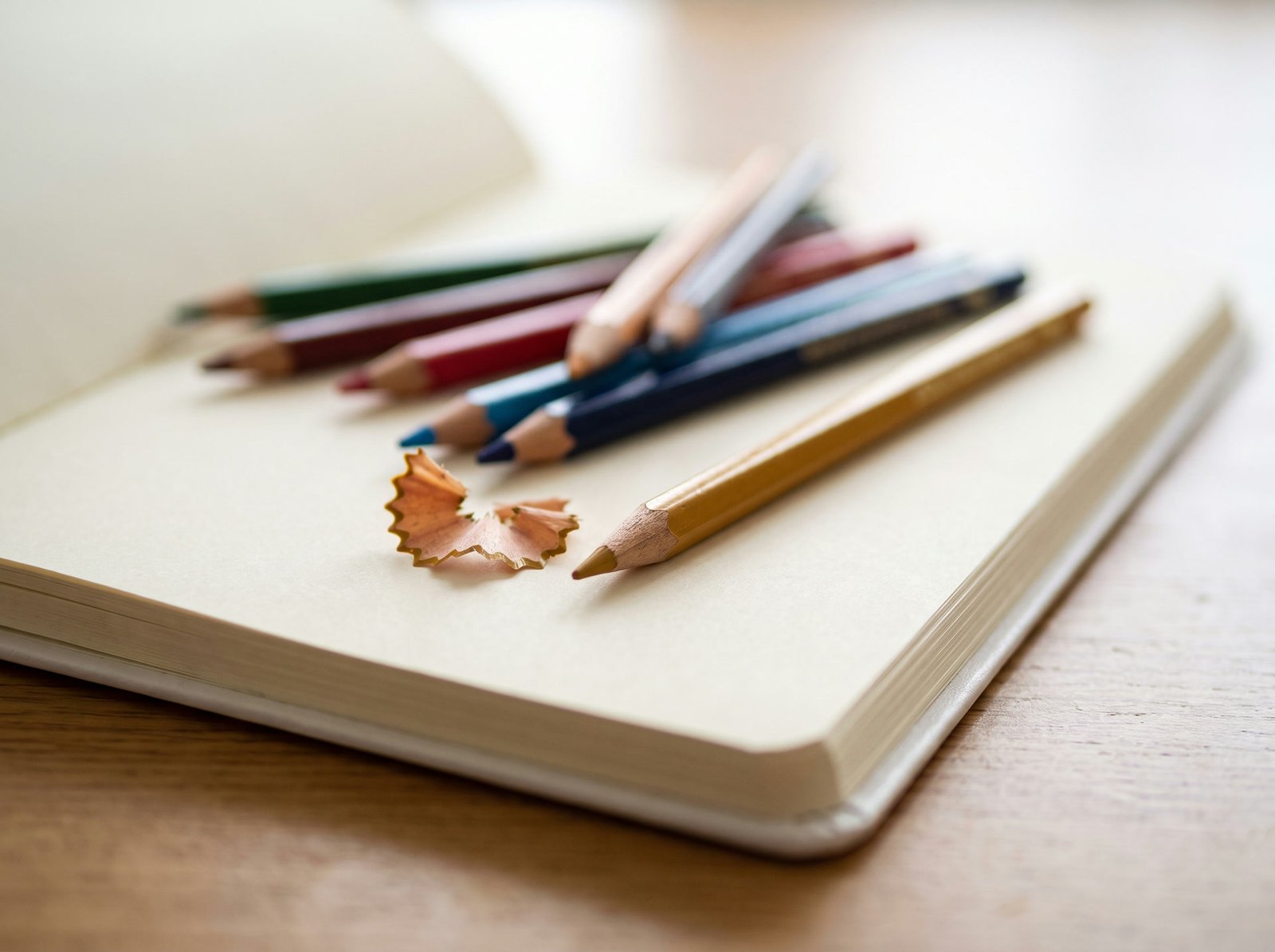 Buntstifte und Spitzerspäne auf der offenen Seite eines weißen Journals